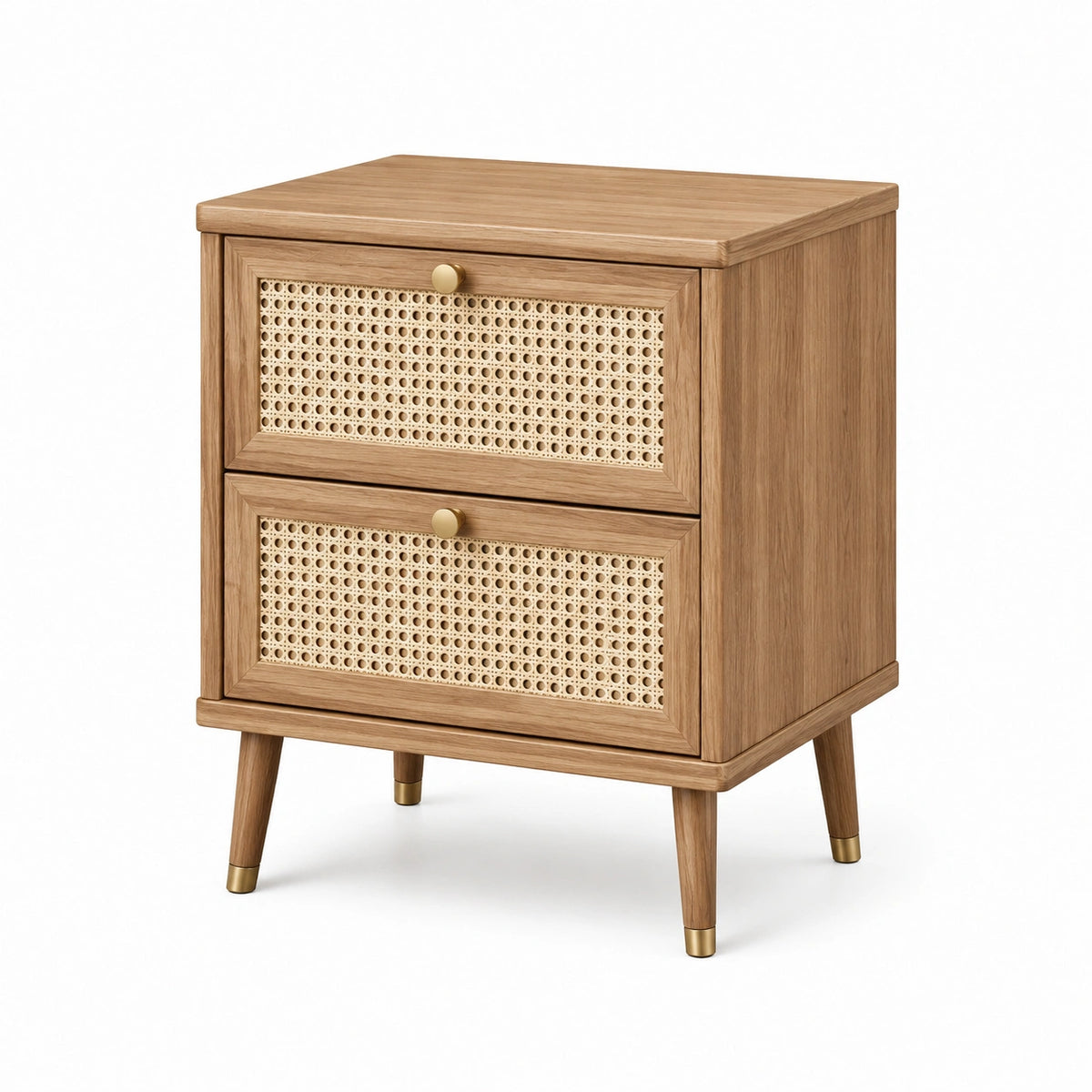 Nachttisch im Retro-Stil aus Holz und Rattan, 50 × 40 × 60 cm, Natur/Beige/Gold