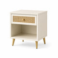 Retro-Nachttisch 45 × 40 × 60 cm mit Rattangeflecht, Schublade und offenem Fach, Creme/Natur/Gold