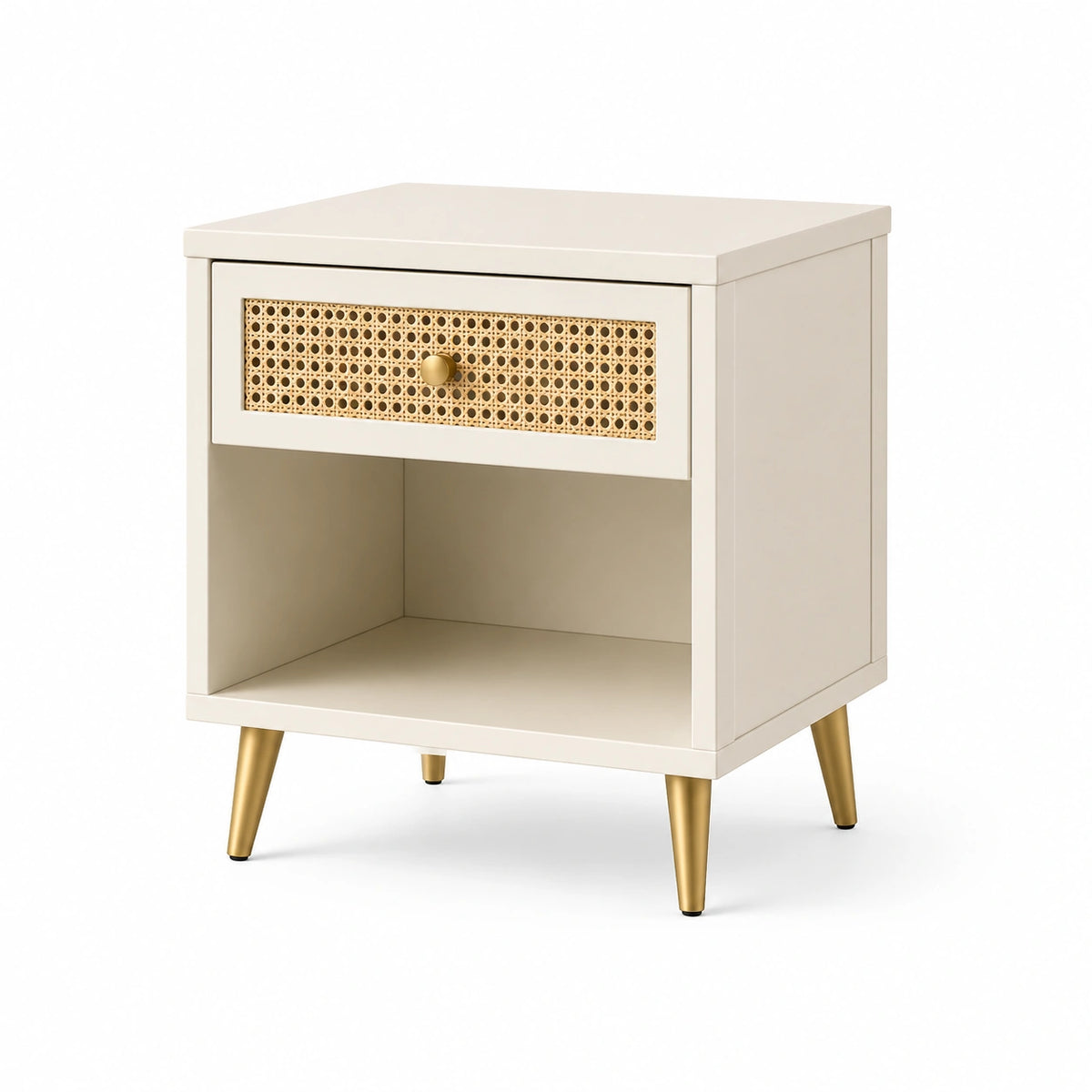Retro-Nachttisch 45 × 40 × 60 cm mit Rattangeflecht, Schublade und offenem Fach, Creme/Natur/Gold