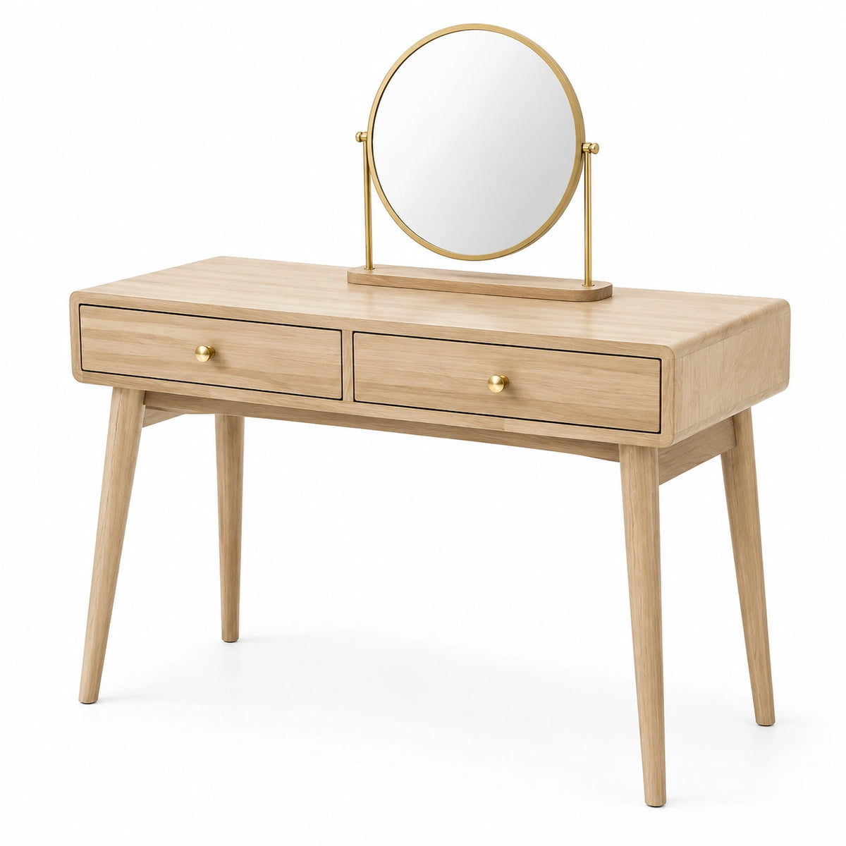 Schminktisch 100 × 45 × 135 cm in Naturholz/Gold mit Rundspiegel und 2 Schubladen