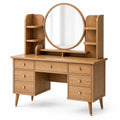 Schminktisch aus Holz in Natur/Braun/Gold, 120 × 45 × 150 cm, mit rundem Spiegel, 7 Schubladen und Seitenablagen