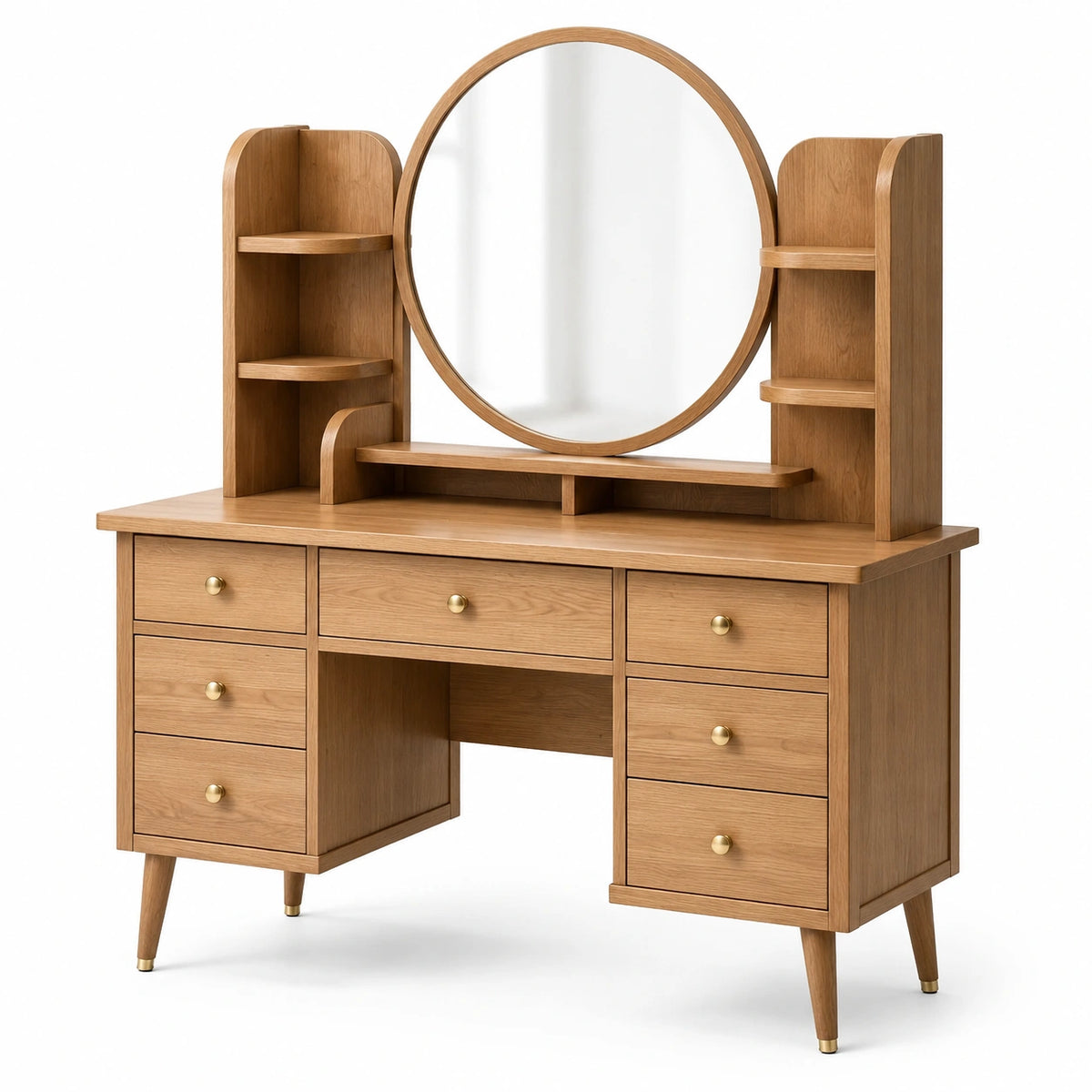 Schminktisch aus Holz in Natur/Braun/Gold, 120 × 45 × 150 cm, mit rundem Spiegel, 7 Schubladen und Seitenablagen