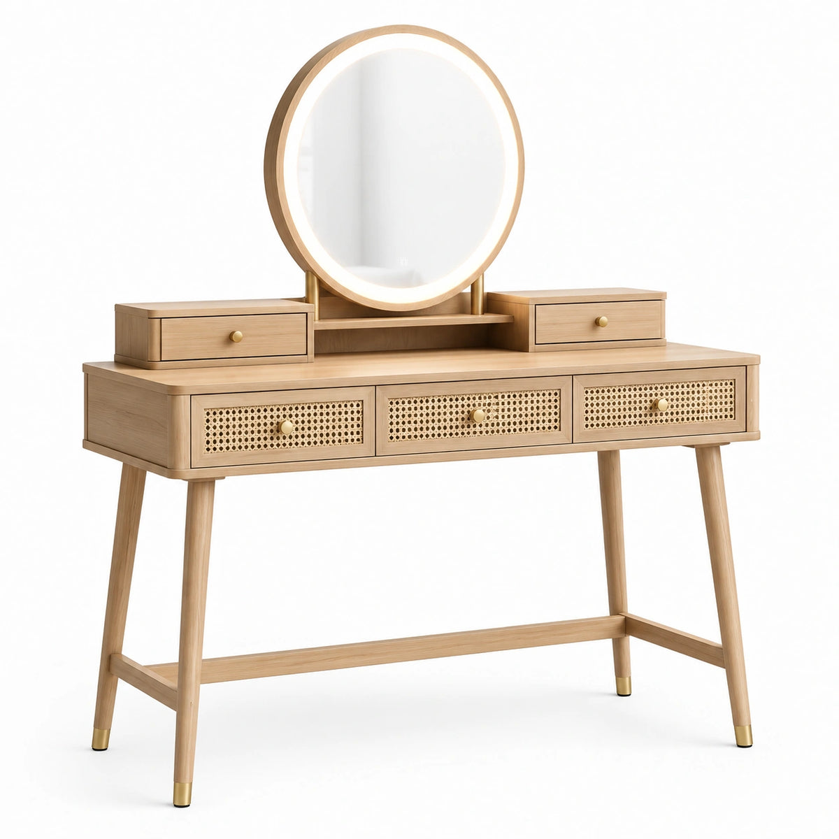 Schminktisch aus Holz in Natur/Gold mit Rattanfronten, beleuchtetem Rundspiegel und 5 Schubladen, 120 × 45 × 145 cm