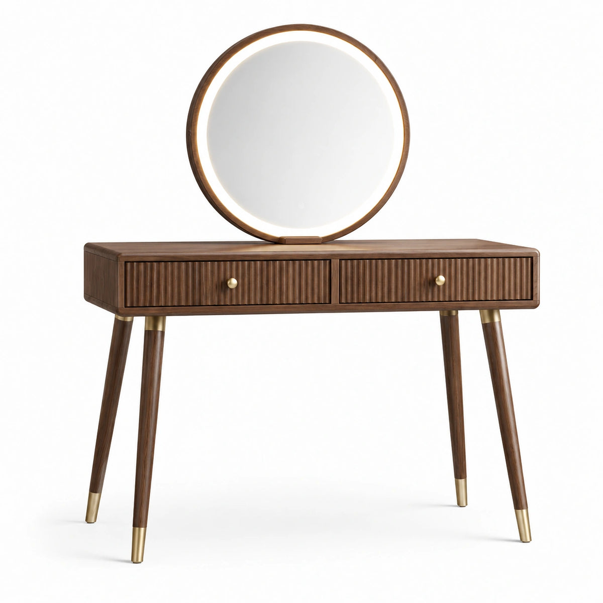 Schminktisch im Mid-Century-Stil mit rundem Spiegel und 2 Schubladen, Braun/Gold, 120 × 45 × 150 cm