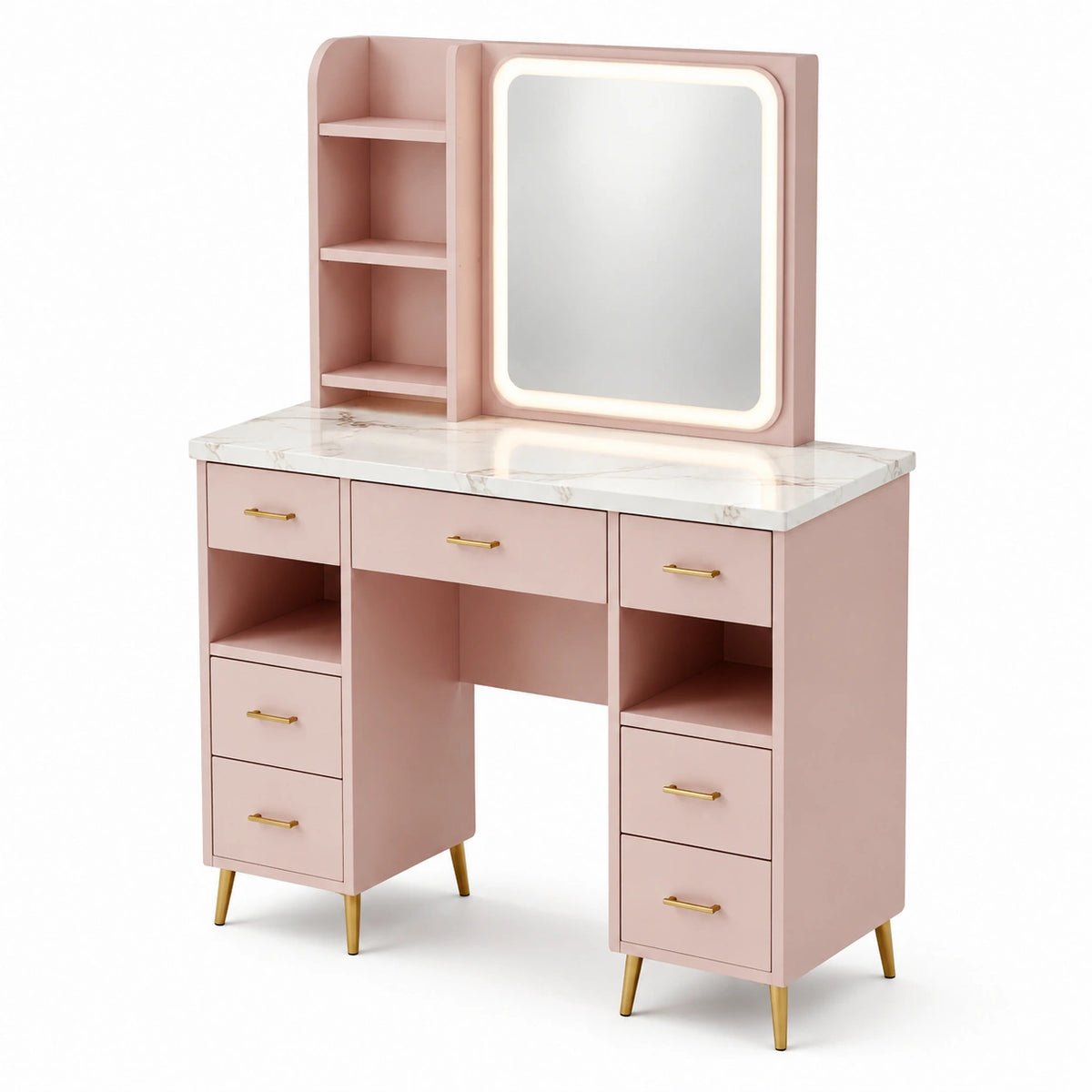Schminktisch mit LED-Spiegel und Regal, 120 × 50 × 145 cm, Rosa/Weiß/Gold
