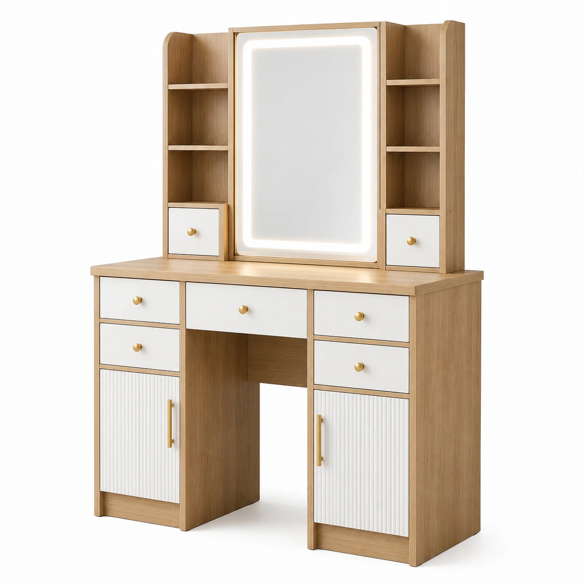 Schminktisch mit LED-Spiegel, Stauraum und Schubladen, 120 × 45 × 160 cm, Naturholz/Weiß/Gold