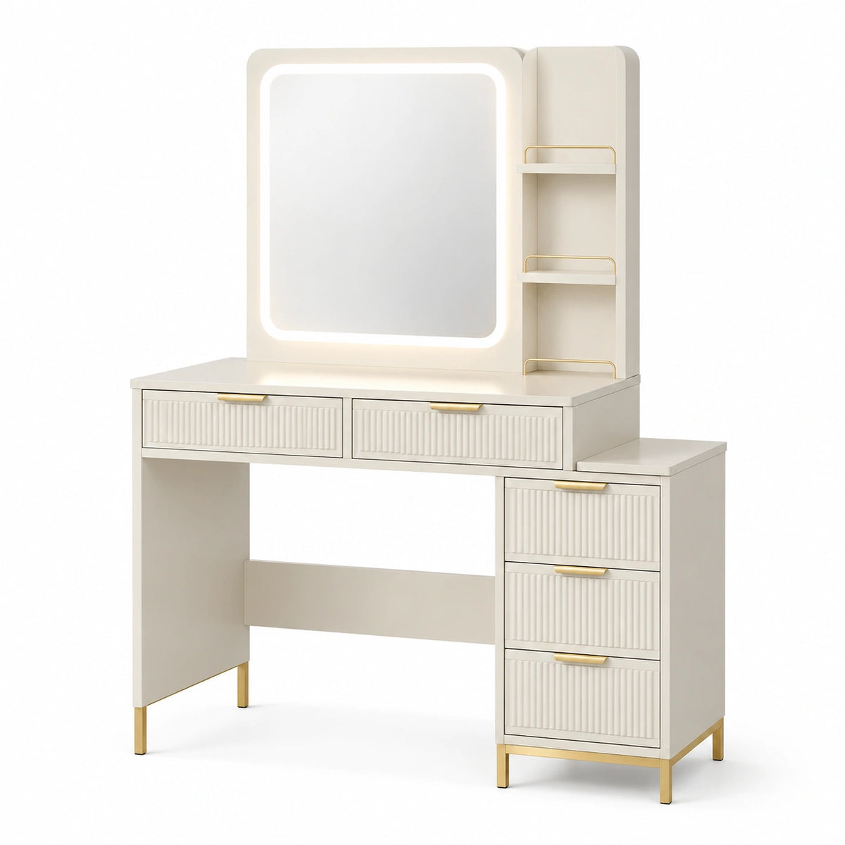 Moderner Schminktisch 120 × 40 × 150 cm in Cremeweiß/Gold mit LED-Spiegel, 5 Schubladen und 3 Ablagen