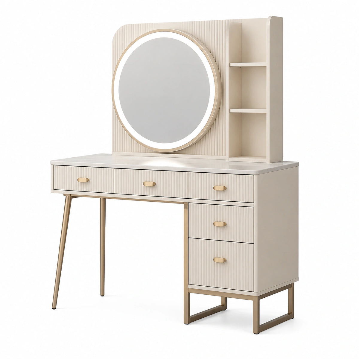 Schminktisch 120 × 45 × 145 cm Creme/Gold mit rundem LED-Spiegel, 5 Schubladen und 2 Ablagefächern