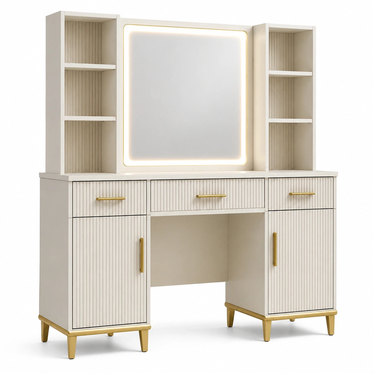 Schminktisch 140 × 45 × 180 cm in Cremeweiß und Gold mit LED-Spiegel, Regalen und Stauraum