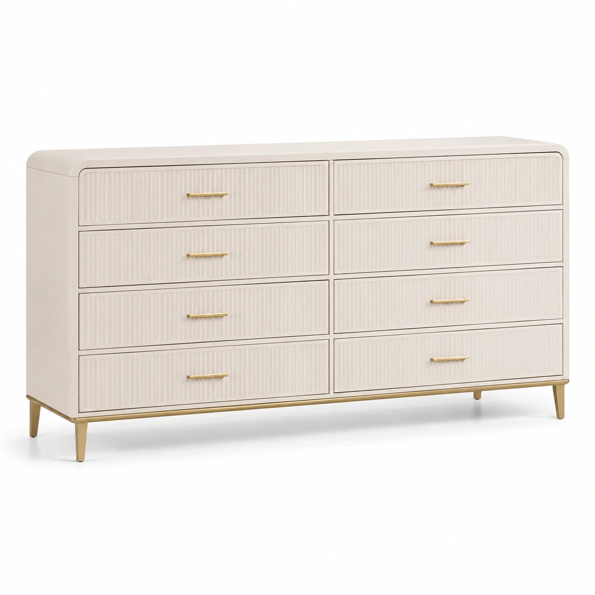 Kommode 160 × 45 × 85 cm in Cremeweiß mit goldfarbenen Metallgriffen und 8 Schubladen