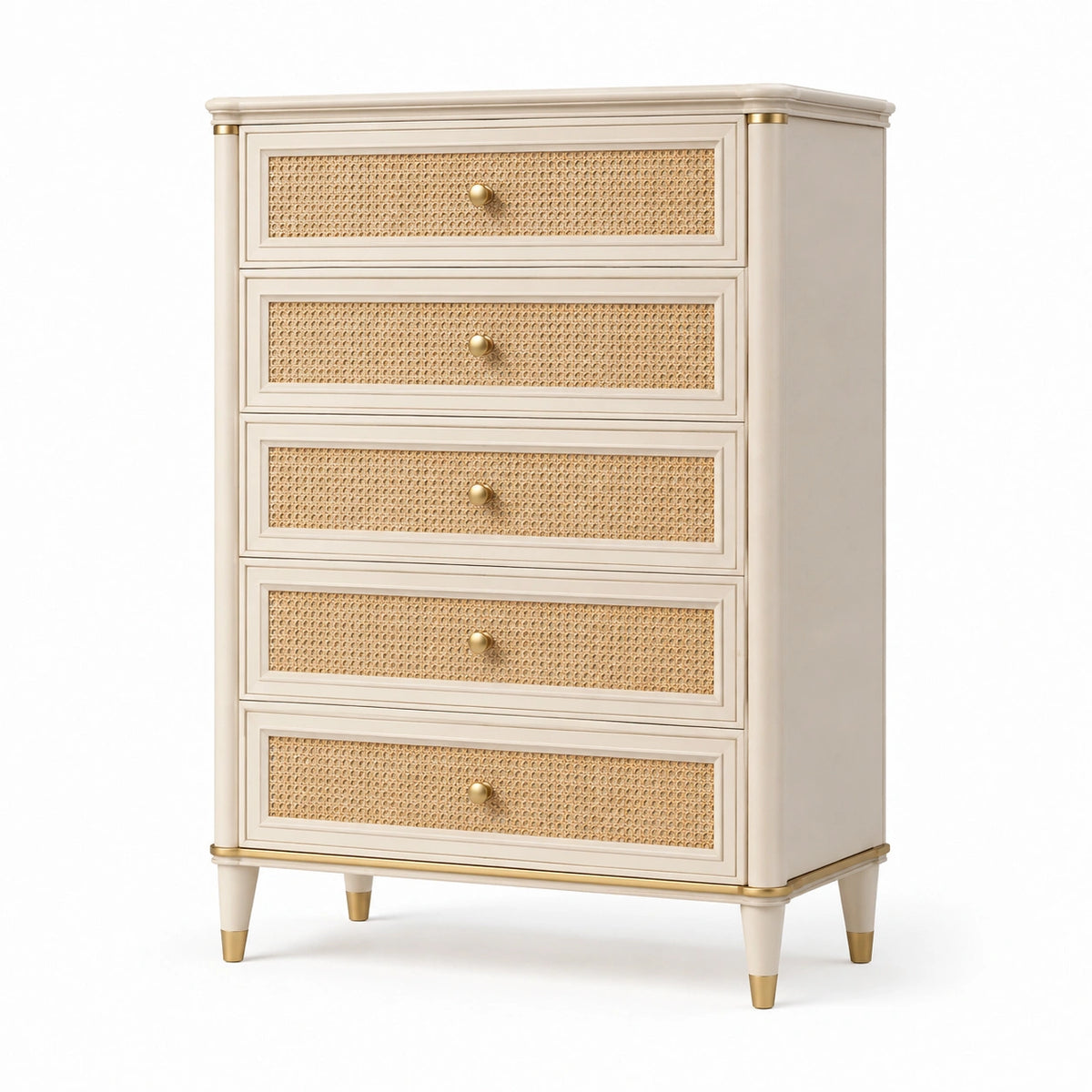 Klassische Kommode mit 5 Schubladen und Rattanfronten, Creme/Natur/Gold, 80 × 40 × 120 cm