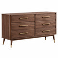 Mid-Century Kommode mit 6 Schubladen, 140 × 45 × 85 cm, Walnussbraun mit goldfarbenen Metallgriffen