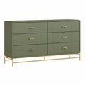 Kommode 140 × 45 × 85 cm in Olivgrün mit goldfarbenem Metallgestell, 6 Schubladen und geriffelter Front