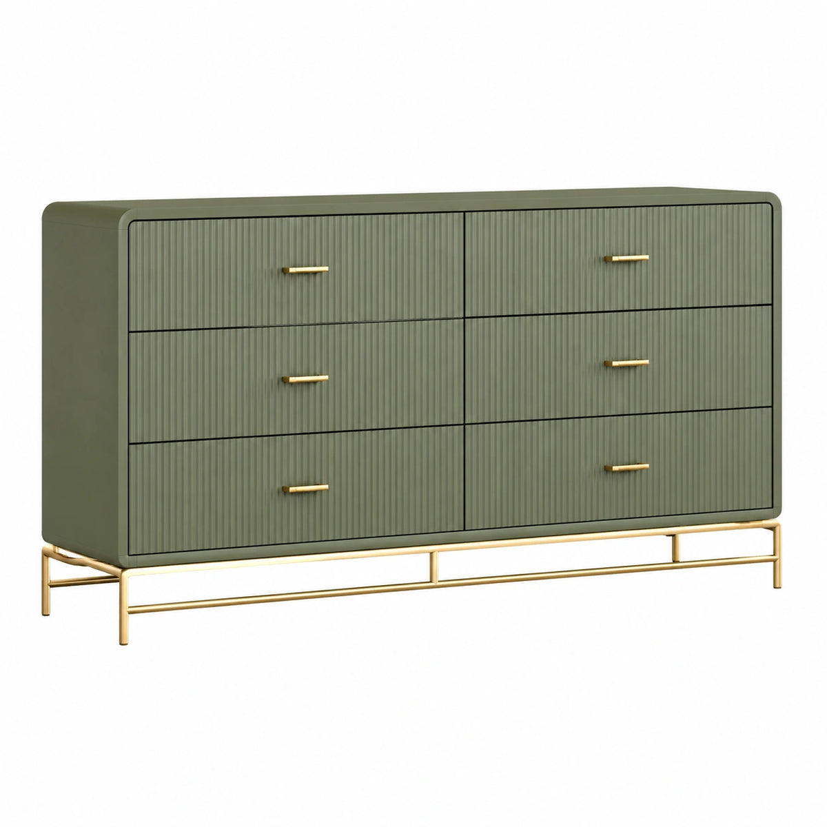Kommode 140 × 45 × 85 cm in Olivgrün mit goldfarbenem Metallgestell, 6 Schubladen und geriffelter Front