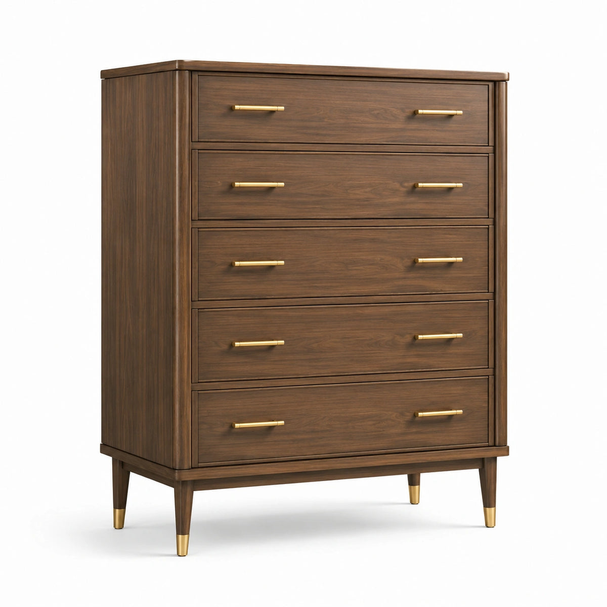 Schubladenkommode mit 5 Schubladen, 100 × 45 × 130 cm, Walnussbraun/Gold, Mid-Century-Stil