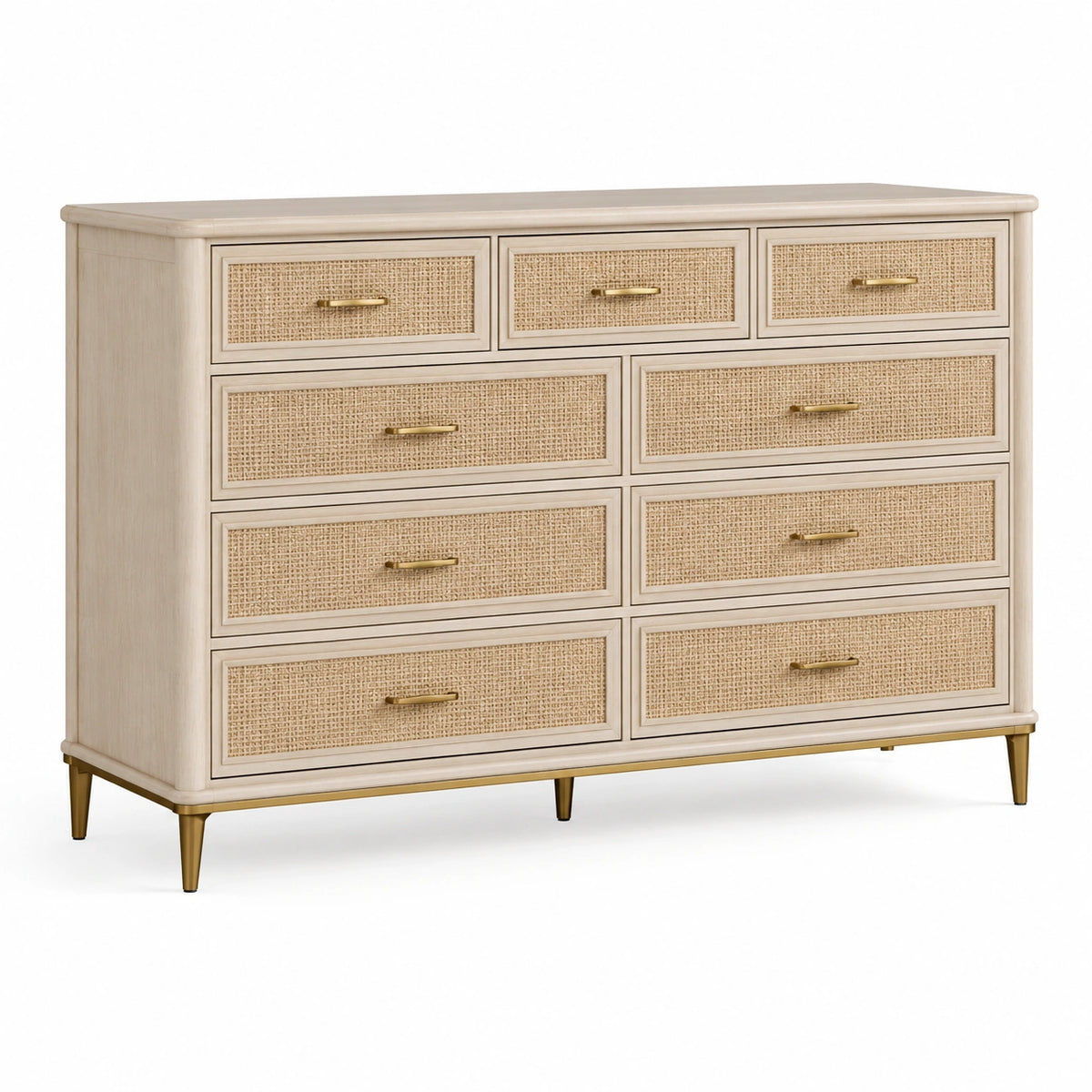 Kommode mit 9 Schubladen in Rattanoptik, 160 × 45 × 100 cm, Creme/Natur/Gold