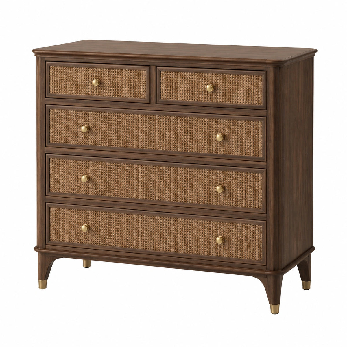 Vintage-Kommode 120 × 45 × 110 cm in Dunkelbraun mit Rattanfronten und 5 Schubladen