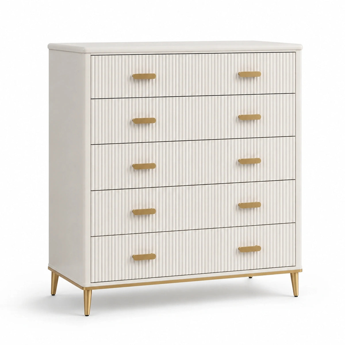 Kommode 100 × 45 × 110 cm mit 5 Schubladen, geriffelten Fronten und Metallfüßen in Weiß/Gold