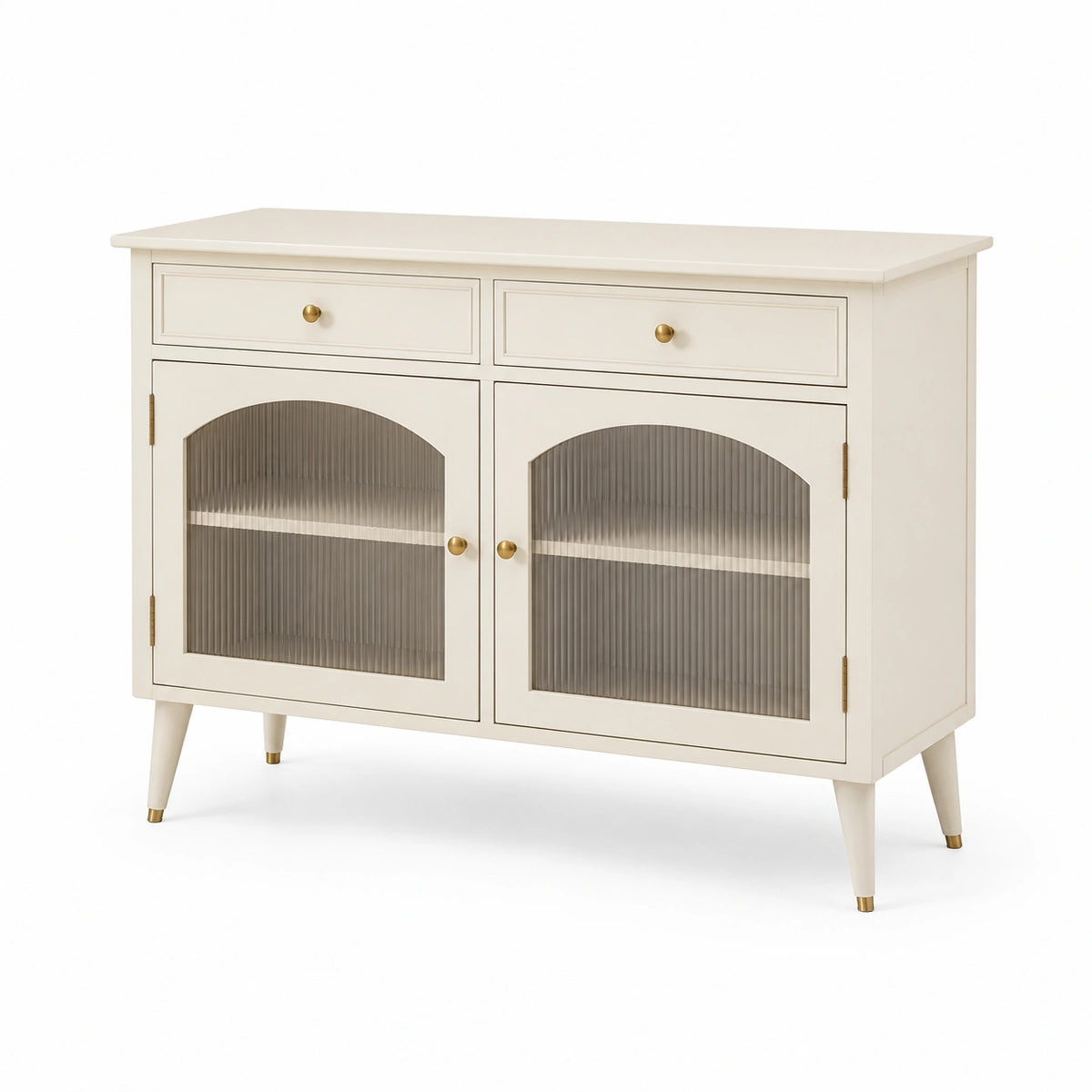 Retro-Sideboard 120 × 40 × 85 cm in Cremeweiß mit Riffelglas und goldfarbenen Details