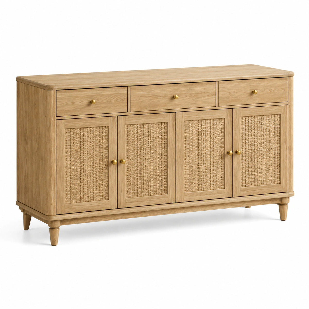 Sideboard im Landhausstil, 160 x 40 x 90 cm, Holzwerkstoff in Natur mit Rattanfronten und goldfarbenen Knöpfen