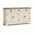 Landhaus-Sideboard aus Holz, 150 x 45 x 90 cm, Creme/Naturbraun mit schwarzen Metallgriffen, 3 Schubladen und 4 Türen