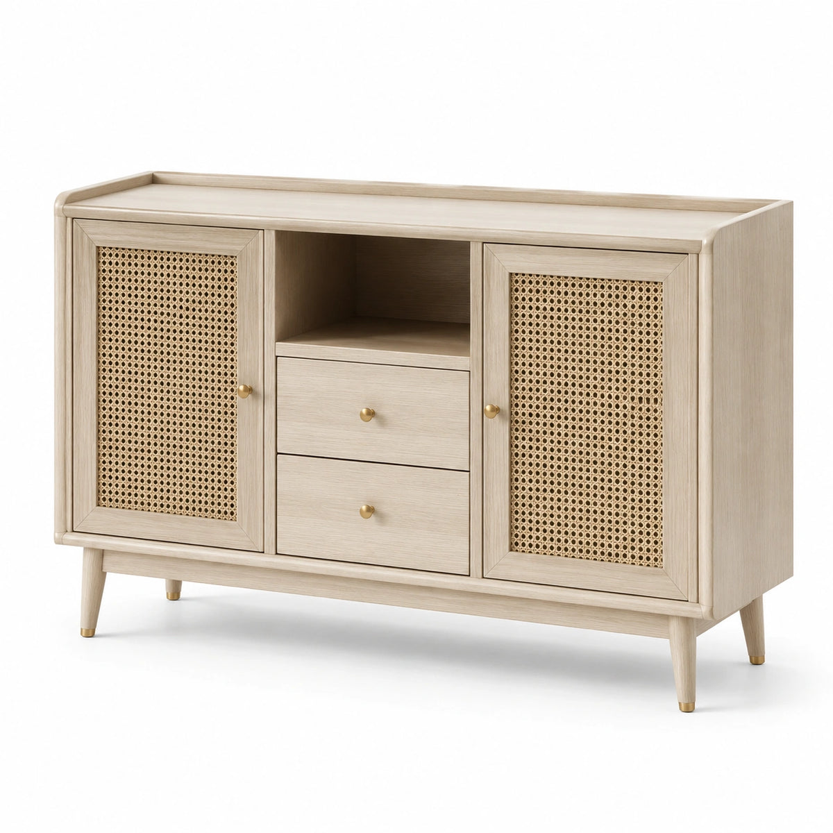 Sideboard 120 × 40 × 85 cm in Natur/Beige/Gold mit Rattanfronten und 2 Schubladen