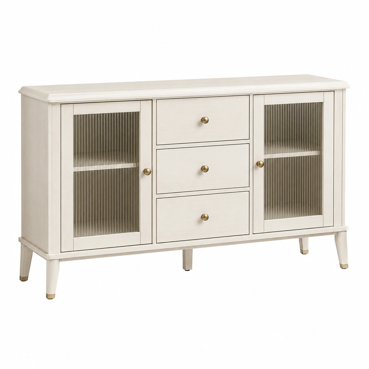 Sideboard 140 x 40 x 85 cm in Creme mit Riffelglas und goldfarbenen Griffen