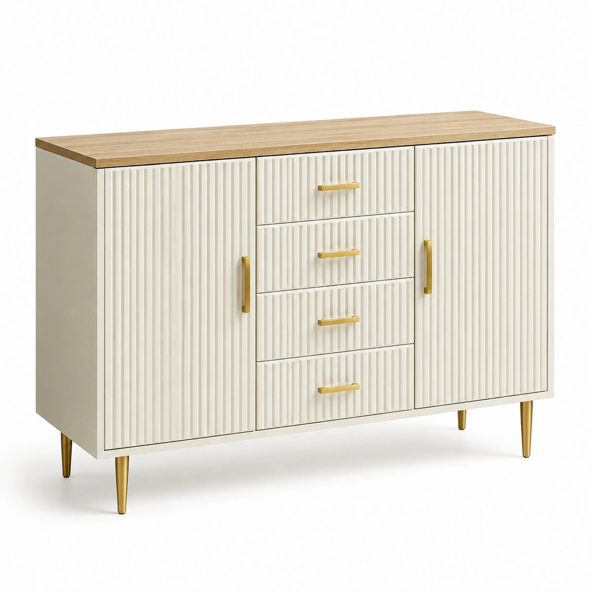 Sideboard 120 × 40 × 90 cm in Weiß, Naturholzoptik und Gold mit 4 Schubladen und 2 Türen