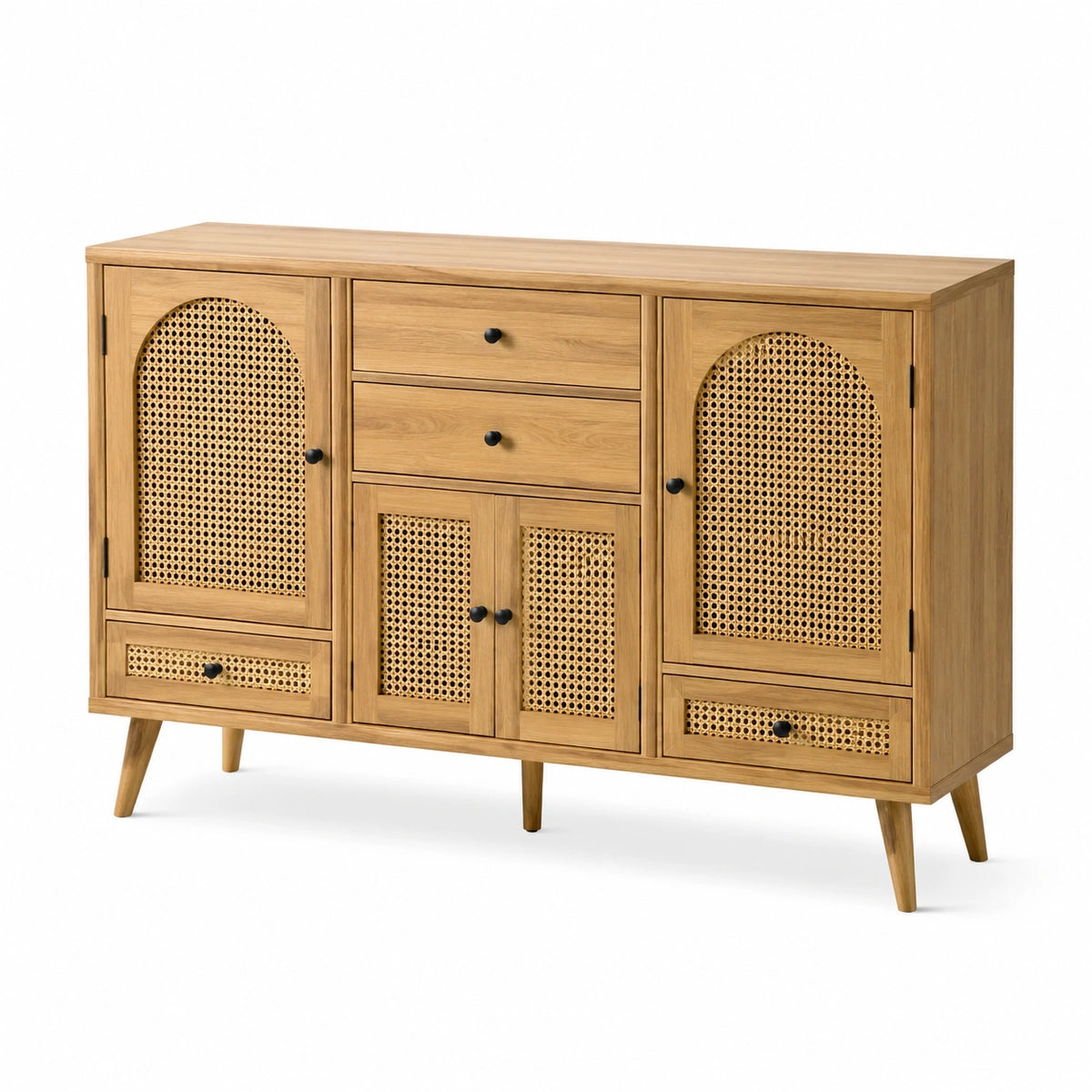 Sideboard 160 × 40 × 95 cm aus Holz und Rattangeflecht in Natur/Schwarz mit 4 Schubladen und 4 Türen