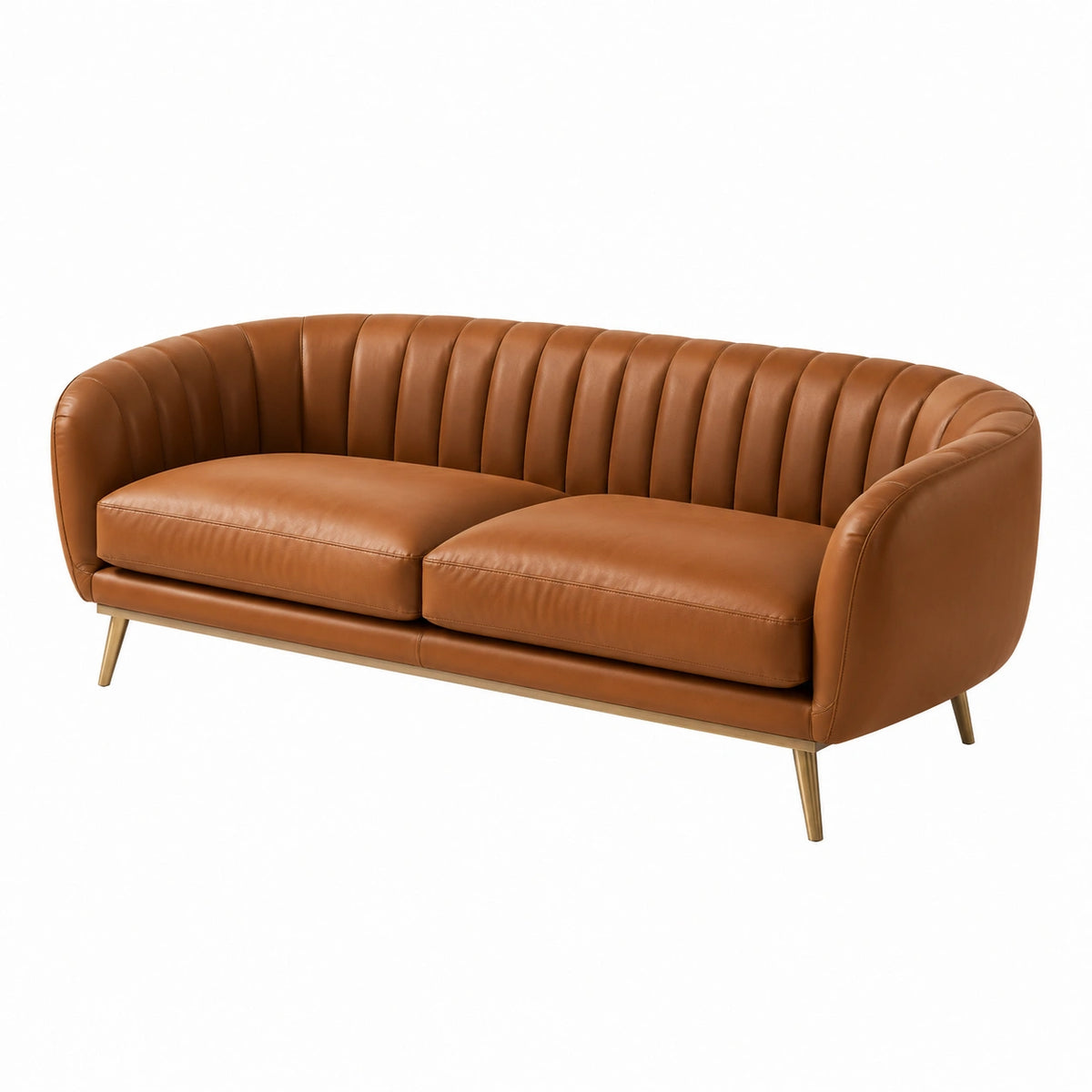 2-Sitzer-Sofa aus Kunstleder in Cognac mit goldfarbenen Metallfüßen, 180 x 85 x 78 cm