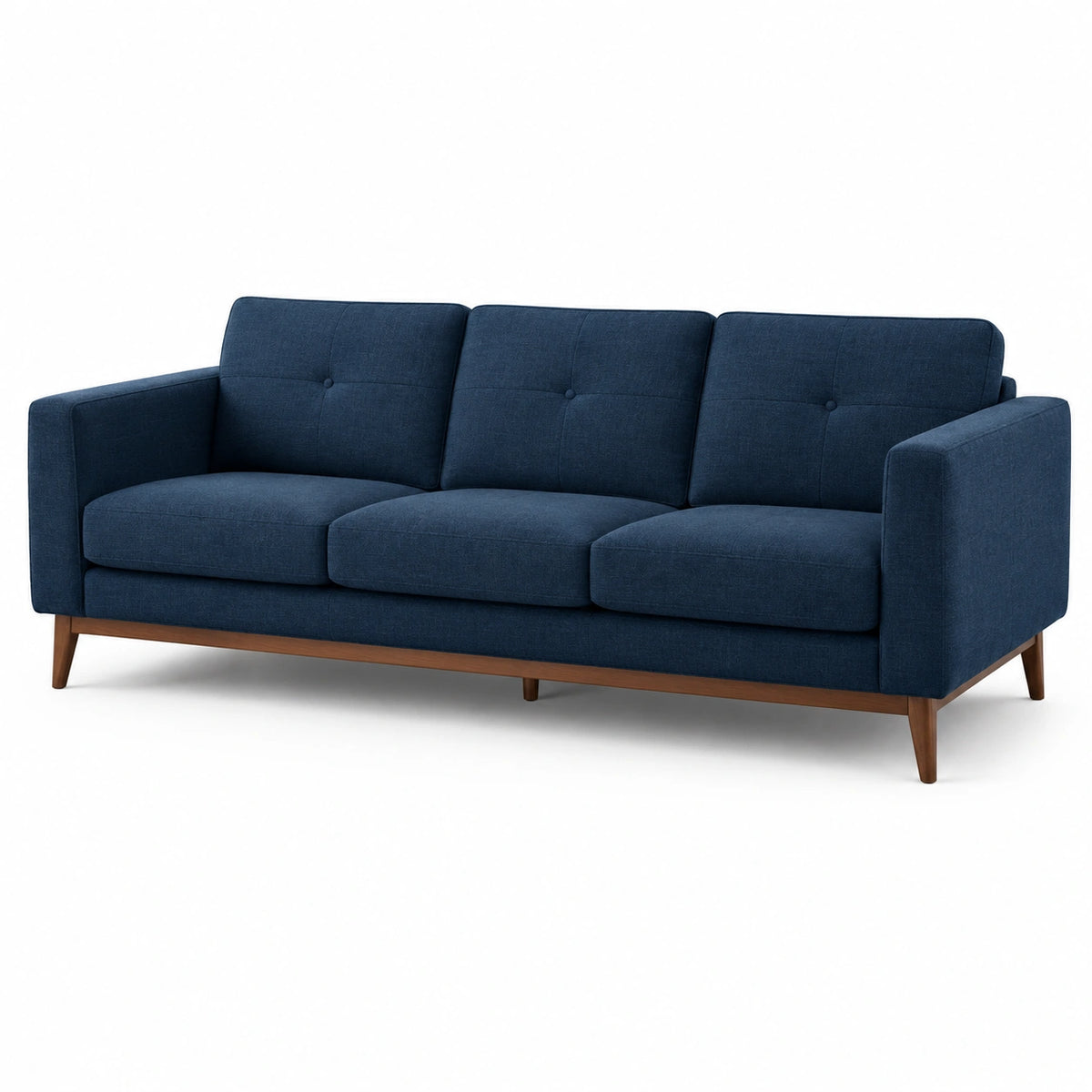 3-Sitzer-Sofa im Mid-Century-Stil, 210 × 85 × 85 cm, Dunkelblau mit braunen Holzfüßen