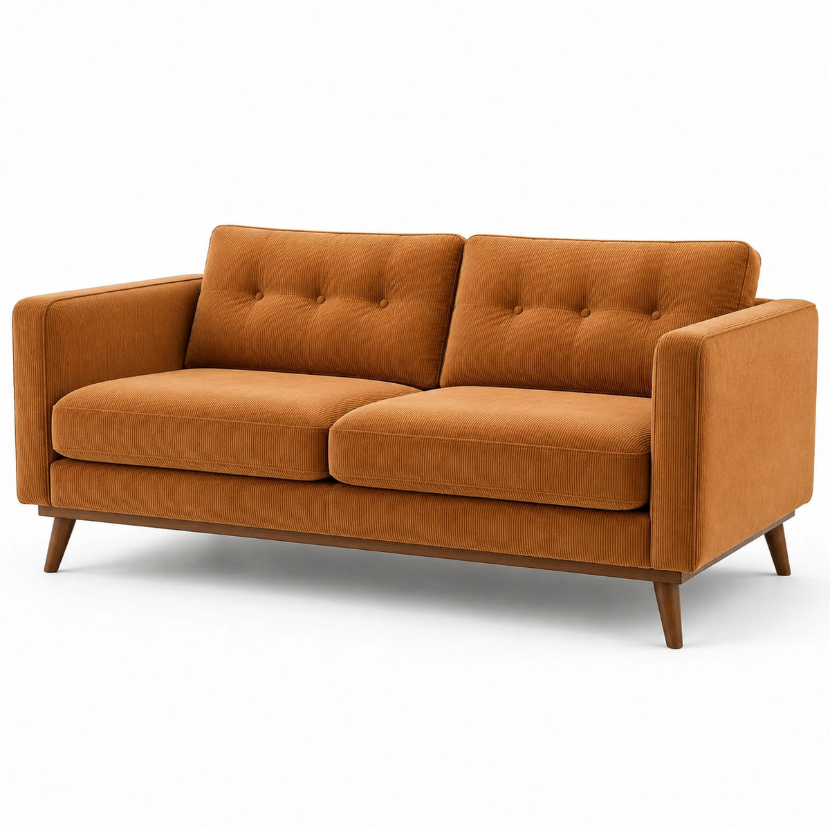 Retro-2-Sitzer mit Cordbezug in Ocker, 160 × 85 × 84 cm, braune Holzfüße