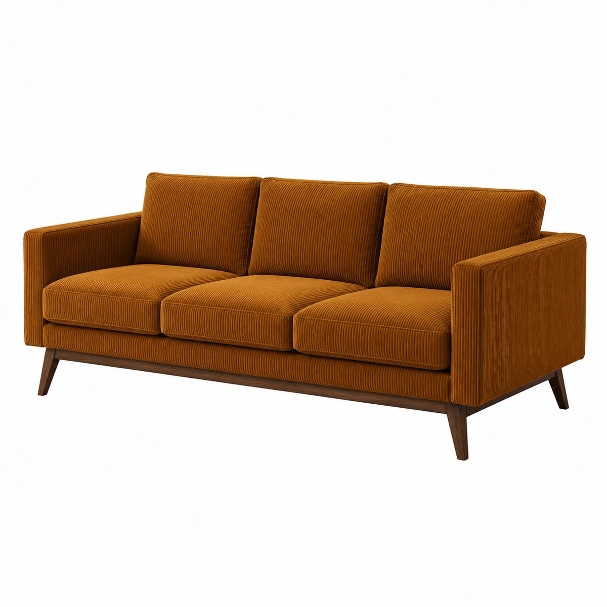 Cognacbraunes 3-Sitzer-Sofa im Retro-Stil, 210 × 85 × 82 cm, Cordbezug mit dunkelbraunen Holzfüßen